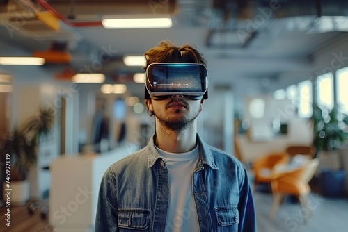 Embracing the Metaverse Young Businessman Engages in Virtual Meeting Using VR Glasses in a Dynamic Start-Up Office. © photobuay