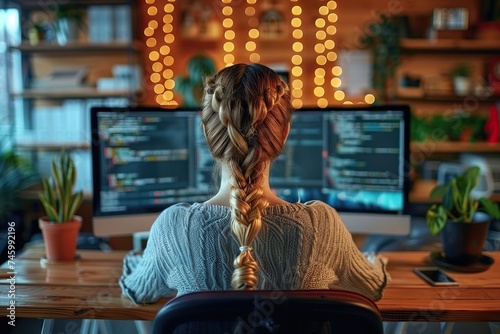 Behind the Code Rear View of a Diligent Female Programmer Engaged in Complex Coding in a Vibrant Start-Up Office.