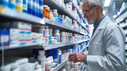An experienced pharmacist working in a pharmacy selects pills for customers near the shelves with medicines. Medicine concept, pharmaceuticals.