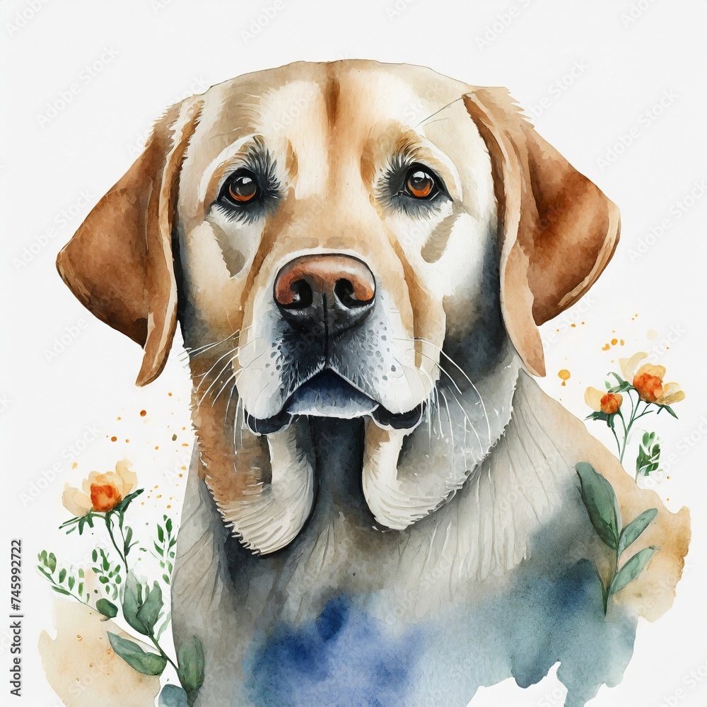 Watercolor illustration of pure breed Labrador Retriever dog. Colorful painting of domestic animal.