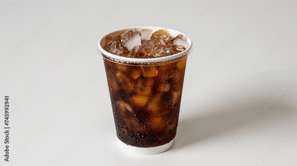 Cola with ice cubes in a disposable cup on a white background. Cola with ice cubes in a disposable cup on a white background.