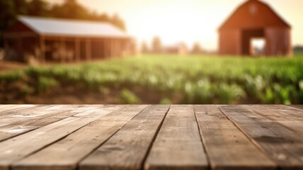 The empty wooden brown table top with blur background of farm and barn. Exuberant image. generative AI