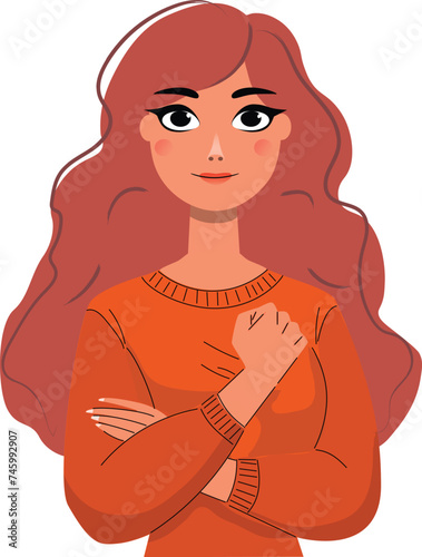 red haired woman with crossed arms and clenched fists