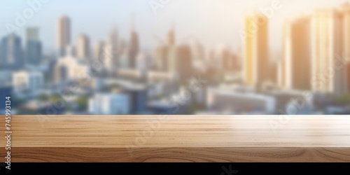 The wooden table top with blur background of modern office interior with cityscape in the morning. Exuberant image. generative AI © Summit Art Creations