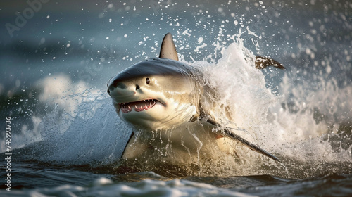 Shark breaching the waterâs surface, surrounded by splashing water  photo