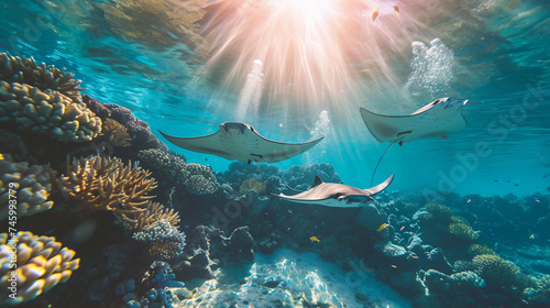Stingrays gliding gracefully near coral reefs with sunbeams filtering through above them 