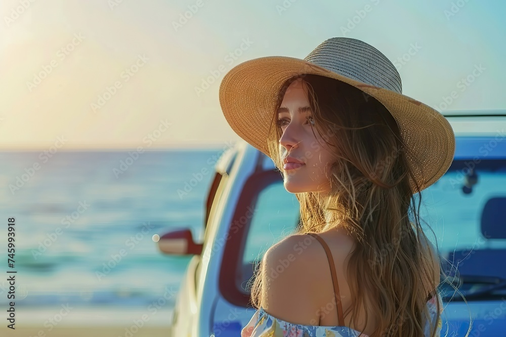 Embracing Serenity A Young Woman Traveler in a Stylish Hat Pauses by Her Car, Immersed in the Tranquil Beauty of a Seaside Summer Holiday.