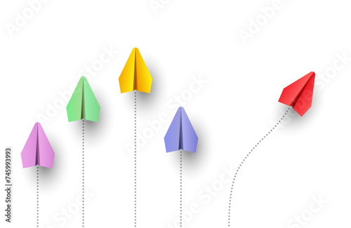 Individuality concept. Individual and unique leader paper plane flies to the side. Vector