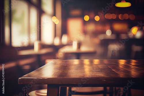Empty wooden table in a bar on a blurred background, banner, for food and drink advertising