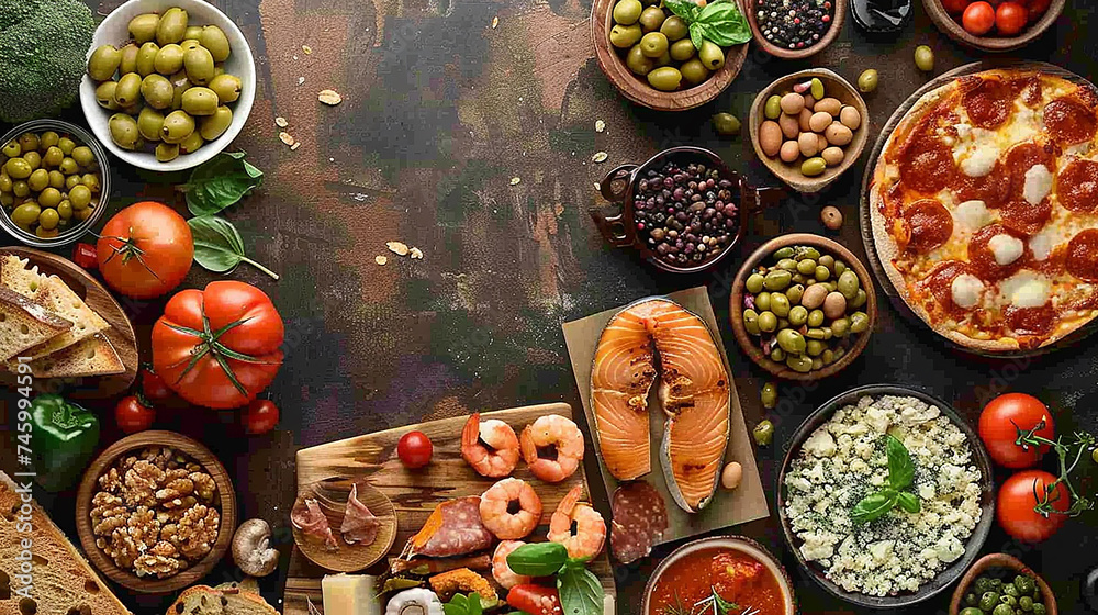 Φωτογραφία tavolo pieno di diversi tipi di cibo norvegese, vista dall'alto, spazio per test