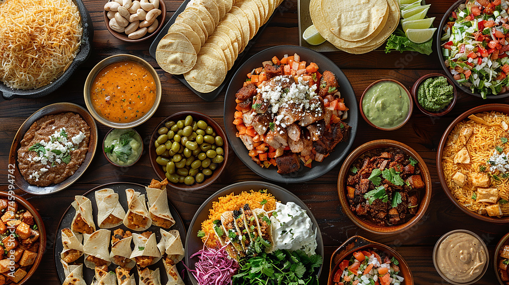 Fototapeta premium pietanze messicane viste dall'alto, salsa guacamole, tortillas, cibo ordinato esteticamente 