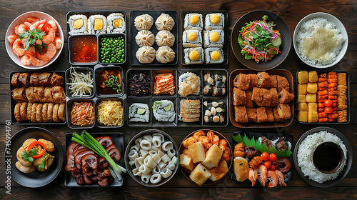 tavolo pieno di diversi tipi di cibo norvegese, vista dall'alto photo
