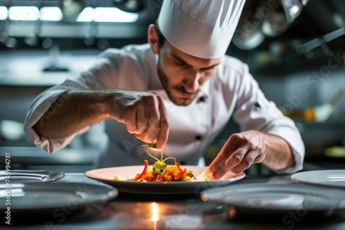 A focused chef carefully plates a gourmet dish in a professional kitchen, exemplifying culinary art and precision. Resplendent.