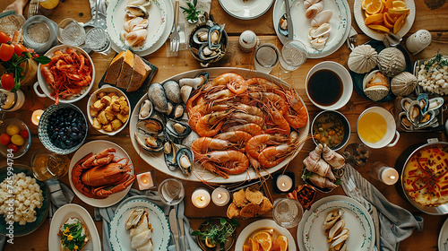 tavolata ricca di piatti di pesci e frutti di mare vista dall'alto, cibo ordinato esteticamente,  photo