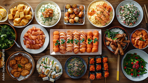 tavolo pieno di diversi tipi di cibo norvegese, vista dall'alto photo