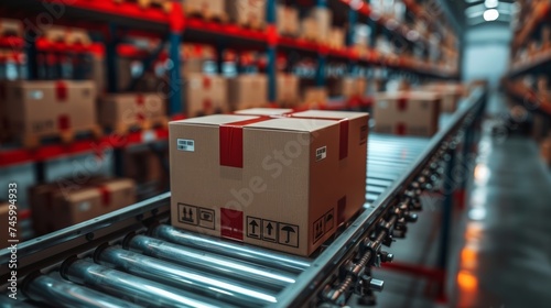 Carton box on Conveyor belt, close up. Warehouse for product storage and logistics.