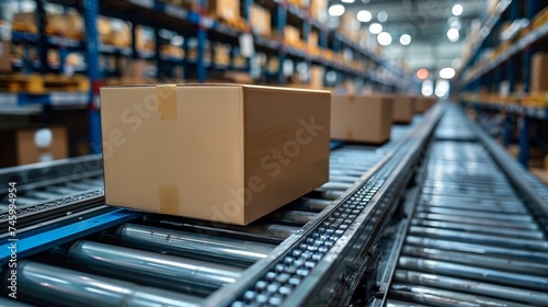 Carton boxes in a row on Conveyor belt, close up. Warehouse for product storage and logistics.