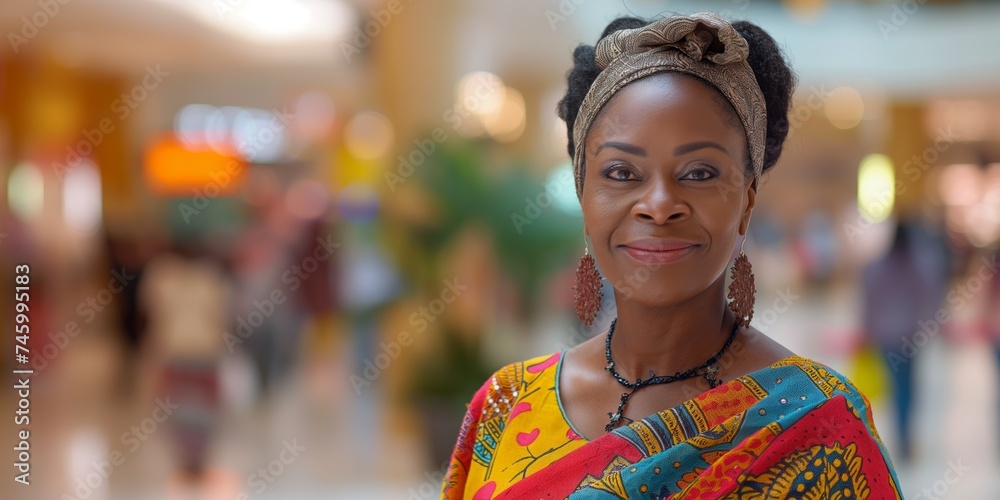 Elegant mature African American woman smiling in a shopping mall, embodying confidence and style.