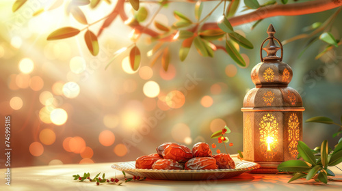 Ramadan and Eid al fitr concept. Dates with traditional lantern Light Lamp