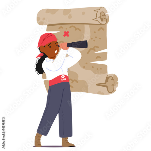 Kid Pirate Character, Eyes Wide With Wonder, Clutches A Spyglass, Scanning The Horizon For Hidden Treasures