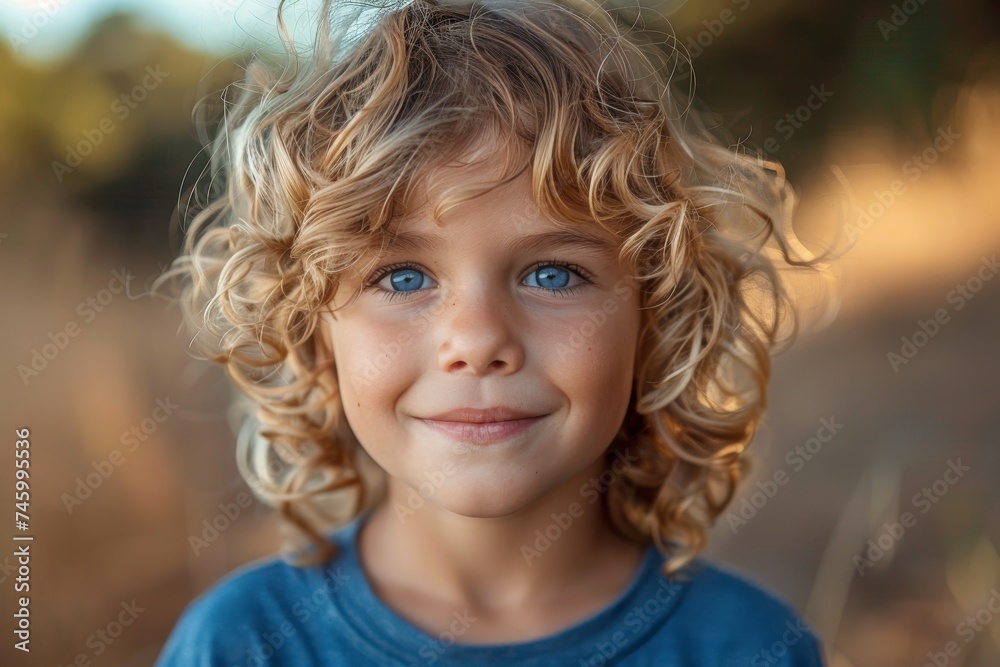 A curly-haired young boy with bright blue eyes and an enchanting smile posing outdoors with natural lighting A curly-haired young boy with bright blue eyes and an enchanting smile posing outdoors with natural lighting