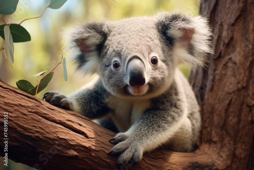A small cute koala climbs a tree.