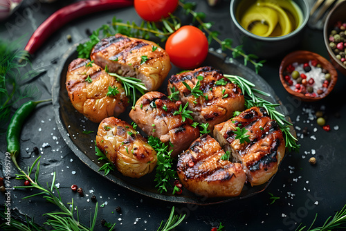 Fried Atriaux - ground pork wrapped in caul fat, swiss cuisine, handmade recipe. On a black stone background. Top view. photo