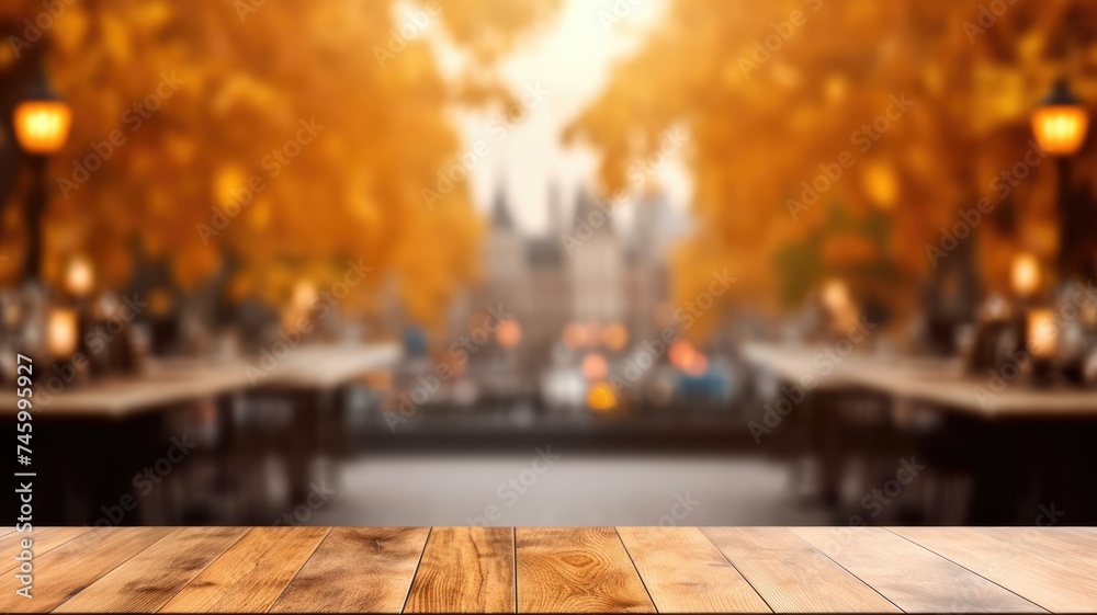 The empty wooden table top with blur background of European street in autumn. Exuberant image. generative AI