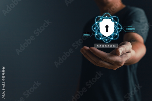 Cybersecurity and privacy protection network security computer and safe data concept. Businessmen protect personal data information from viruses on a laptop with virtual screen interfaces.