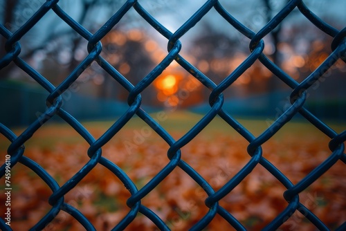 A detailed image of a chain link fence with a blurred background of autumn leaves in warm sunset light photo