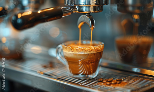 Professional coffee machine making espresso in cafe