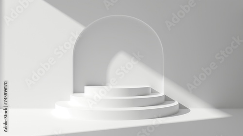 Abstract empty white podium on white background with shadow. Mock up stand for product presentation. Minimal concept. Display product  generative ai