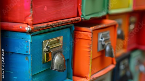 A close up of a bunch of colorful boxes with metal handles, AI © Alexandr