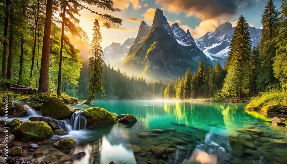 The tranquil atmosphere of nature with lush green forests, proud mountain silhouettes, and the cool waters of waterfalls - obrazy, fototapety, plakaty 