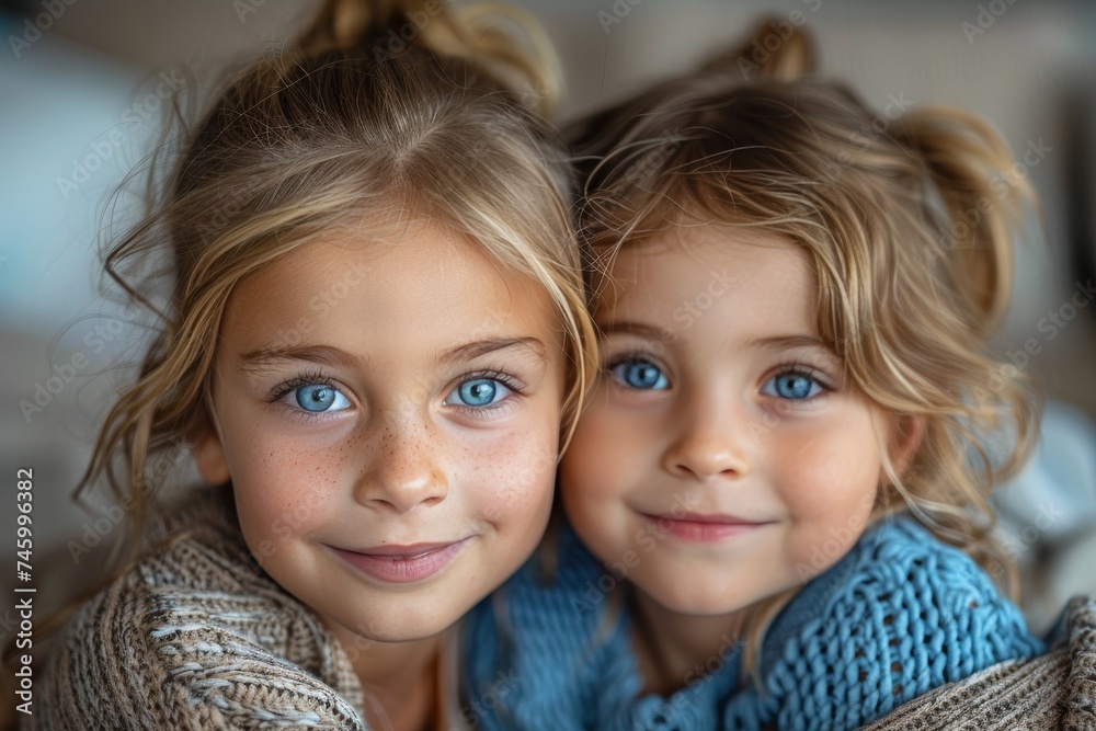 Twin girls with matching blue eyes and blond curls cuddle closely, their faces filled with joy and sisterly love Twin girls with matching blue eyes and blond curls cuddle closely, their faces filled with joy and sisterly love