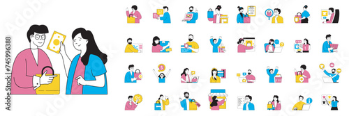 Shopping concept with character situations mega set in flat web design. Bundle of scenes people buying new goods in store, ordering online, purchasing at retail store showroom. Vector illustrations.