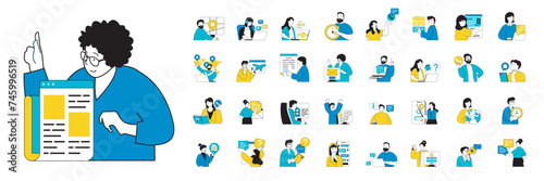 Contact us concept with character situations mega set in flat web design. Bundle of scenes people sending emails and chatting, calling to company and finding faq information. Vector illustrations.