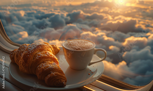 Breakfast and coffee on the tray on the airplane