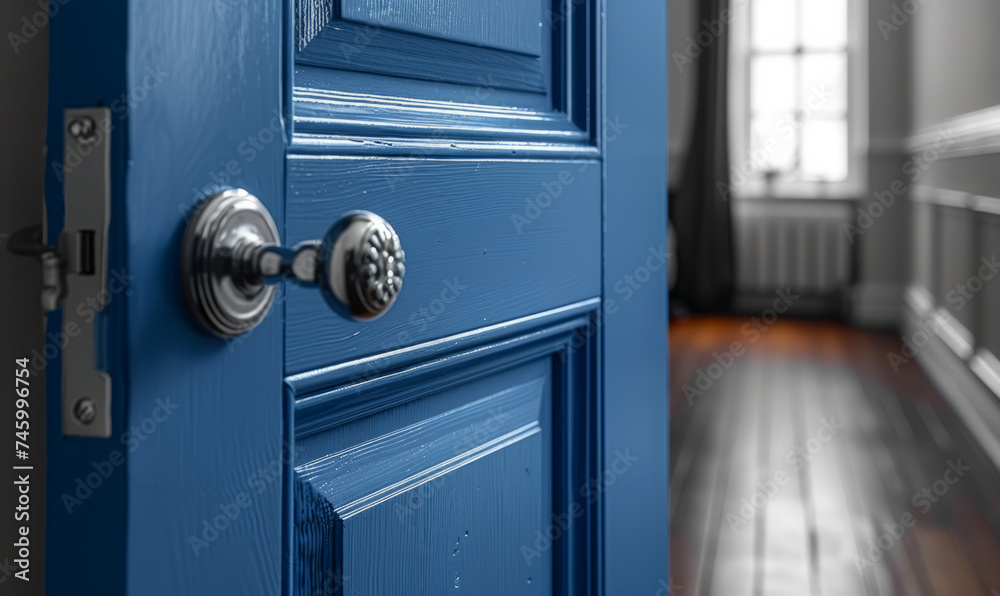 Blue door and silver doorknob in room with window and radiator - obrazy, fototapety, plakaty 