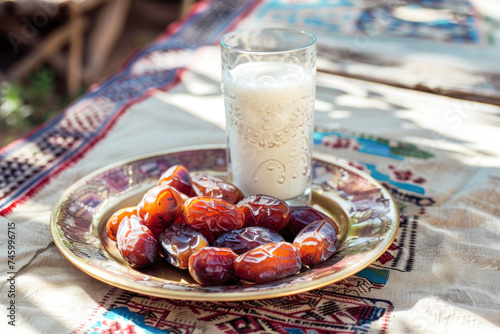 ramadan festival concept. dates and glass of milk
