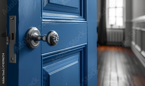 Blue door and silver doorknob in room with window and radiator photo