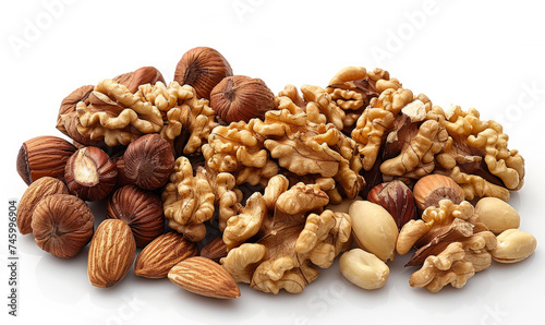 Walnuts hazelnuts and almonds on white background