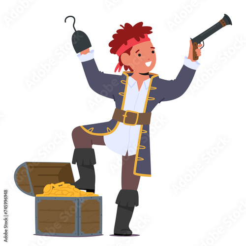 Картината върху платно Kid Pirate Character, Pint-sized Marauder, Sports A Hooked Hand, with A Treasure