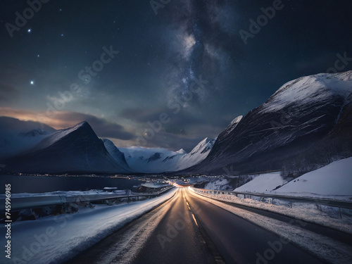 A road in the mountains of Norway  in a wonderful nocturnal atmosphere