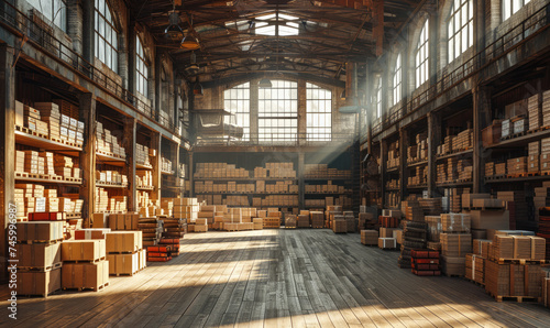 Large industrial warehouse or storage room with high shelves holding variety of boxes © Vadim