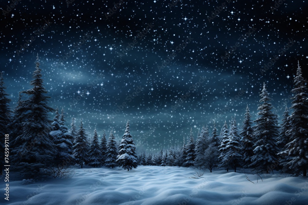 a snowy landscape with trees and stars
