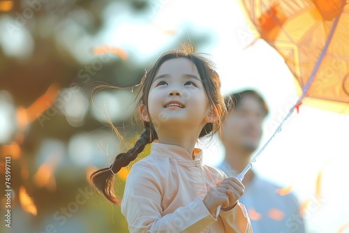 Heartwarming Family Bonding Asian Daughter Joyfully Flying a Kite in a Village Park, with Loving Parents Providing Support in the Background