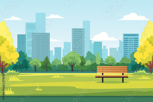 City Park. A bench in a beautiful city park among green trees and grass against the backdrop of large skyscrapers and buildings. The concept of a comfortable and environmentally friendly city.