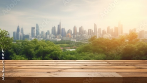 The empty wooden table top with blur background of nature skyline. Exuberant image. generative AI