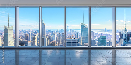 Modern office with clean glass walls and bright steel flooring and city view from High Rise Window interior of office building with panoramic city skyline